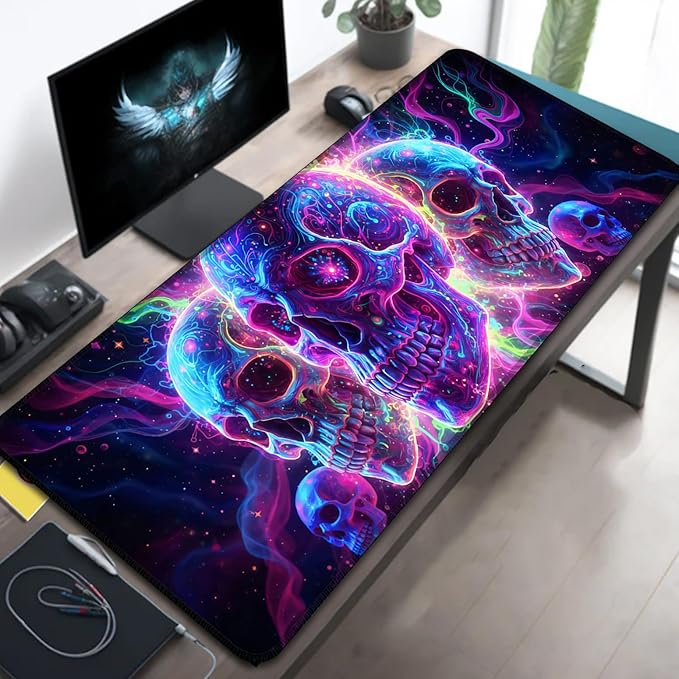 Manicer Blacklight Skull Mouse Pad – UV Reactive Neon Glow Gaming Desk Mat, Colorful Skeleton Extended Non-Slip Mousepad for PC Gamers, Office, Room Decor - 31.5" x 11.8"