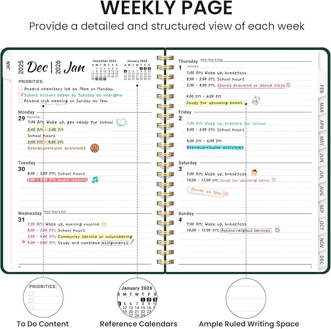 2026 Planner, Weekly and Monthly Calendar Planner, January 2026 - December 2026, Hardcover 2026 Calendar Book with Tabs For Women & Men, Inner Pocket, Spiral Bound, Perfect for Office Home School Supplies - A5 (6.3" x 8.5"), Dark Green