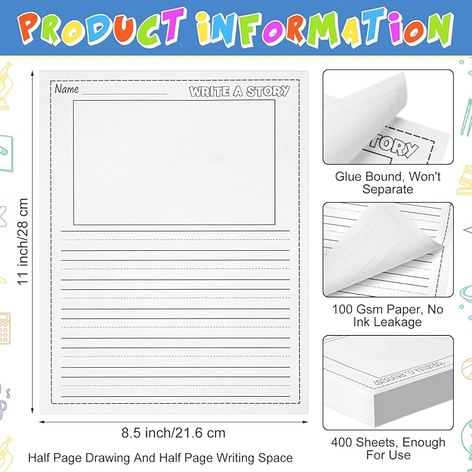400 Sheets Kindergarten Writing Paper Writing Paper for Kids Story, Back to School Supplies Bulk Primary Notebook with Picture Space and Lines 8.5 x 11 Inches Handwriting Papers for Creating