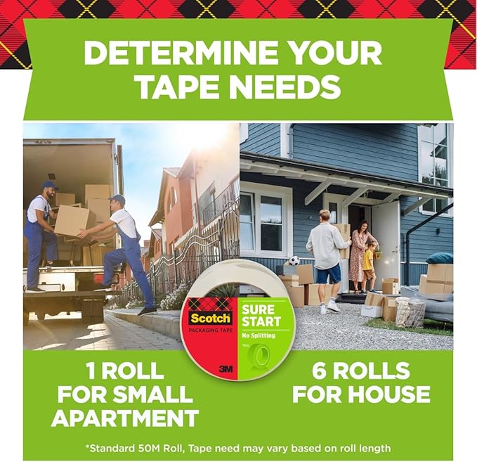 Scotch Sure Start Shipping Packaging Tape, 1.88" x 54.6 yd, Designed for Packing, Shipping and Mailing, Quiet Unwind, No Splitting or Tearing, 3" Core, Clear, 1 Roll (345)