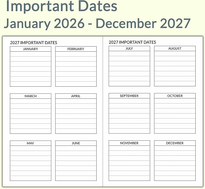 A5 Calendar Planner Jan 2026 - Dec 2027, Travelers Notebook Inserts for 2 Years, Monthly Calendar & Important Dates & Line & Dotted, 100gsm Paper, 8.3 x 5.5 in, 1pcs (Green)