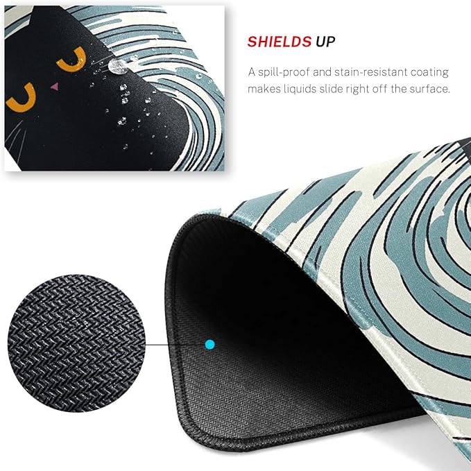 Cute Black Cat Desk Pad Mat with Stitched Edges and Non-Slip Rubber Base, Premium-Textured Mouse Pad for Laptop, Computer & PC, Gaming & Working, Waterproof Mousepad