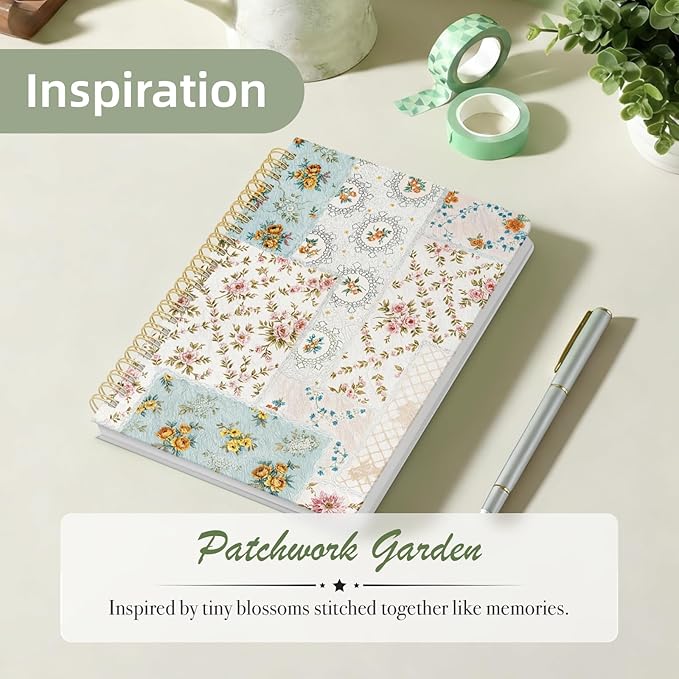 Stanoha Cute Spiral Notebook A5 Journal for Women Girls Kawaii Aesthetic Pretty Floral Design with Pocket, 8.5 x 5.7 inch, Graph, Patchwork Floral