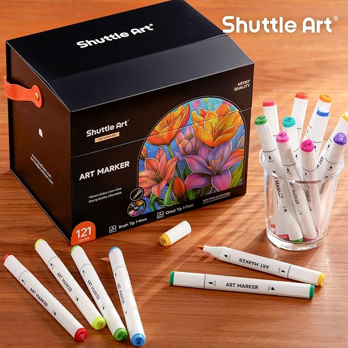 Shuttle Art Brush Tip Alcohol Markers, Dual Tip Brush & Chisel Tip Art Marker Set, 121 Colors Marker Pens with Organized Case Perfect for Illustration Kids Students Adults Coloring Sketching