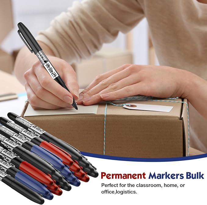 Thenshop 300 Pack Permanent Markers Bulk Back to School First Day of School Gifts Fine Point Waterproof Marker Works on Plastic, Wood, Stone, Metal, Glass for Office Classroom(Black, Red, Blue)