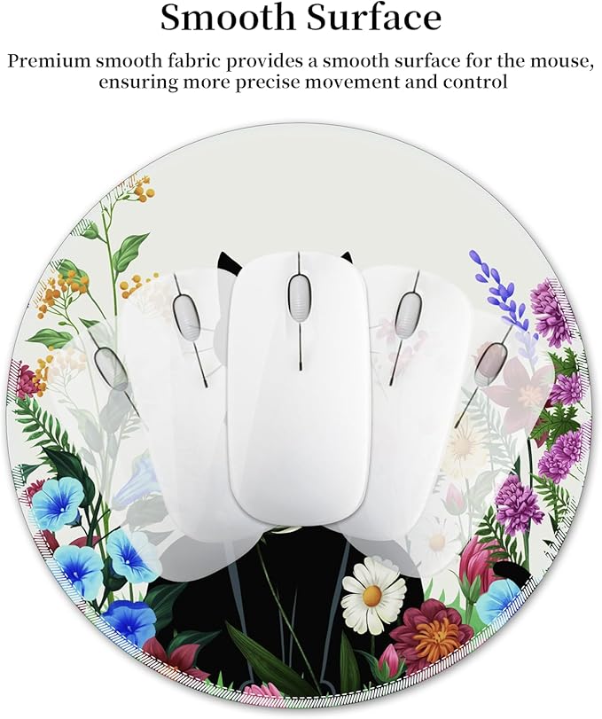 Black Cat Floral Mouse Pad for Desk, Small Cute Mousepad with Non-Slip Base, Round Mouse Pads for Wireless Mouse Laptop Gaming, Computer Mouse Mat for Office Decor Desk Accessories Supplies