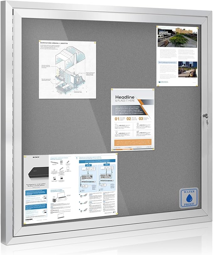 SWANCROWN Enclosed Bulletin Board Grey Felt Displays Boards Weather Resistant Wall Mounted Notice Case,39x37inches