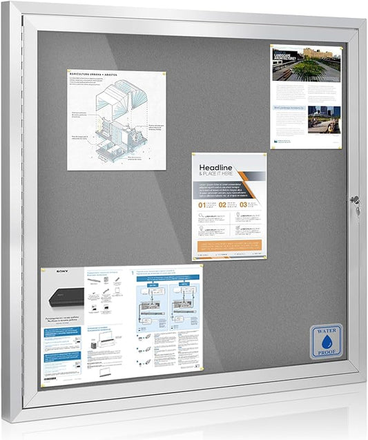 SWANCROWN Enclosed Bulletin Board Grey Felt Displays Boards Weather Resistant Wall Mounted Notice Case,39x37inches