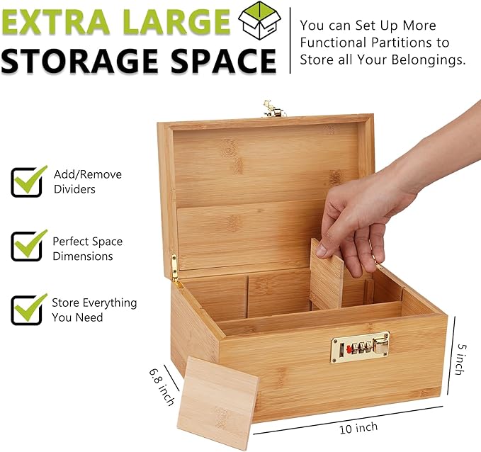 OZCHIN Large Bamboo Box with Combination Lock Decorative box for Home Great Gift Choice Storage Lockbox with Storage Jar, Christmas Gifts for Men Women