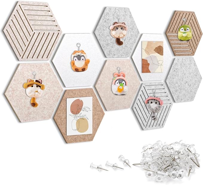Weldomcor Hexagon Cork Board Tiles 10 Pack Cute Felt Bulletin Boards with 30 Push Pins, 12''x10'' Small Adhesive Pin Display Board Decorative Photo Memo Notes Pinboard for Office Wall Dorm Home Decor