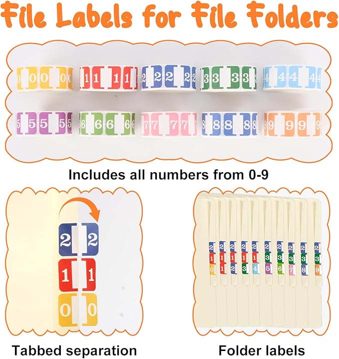 10 Rolls Number File Folder Labels Set Color Series Chart Stickers with Wooden Tray Set of Numbers 0-9 File Labels for File Folders Number Label Index Numeric Labels Index Stickers for Office School
