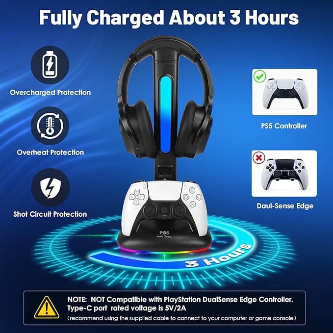 PS5 Controller Charger with RGB Headphone Stand, PS5 Controller Charging Station with 2 USB Port, Headset and Controllers Stand Holder for PlayStation 5, Gaming Gifts for Gamers Men