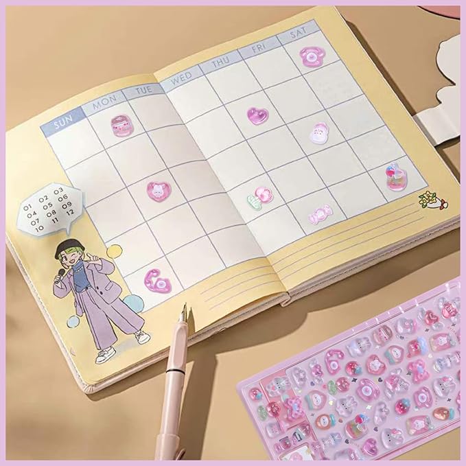 3D Cute Cartoon Pink Rabbit Puff Stickers - Kawaii Mini Puffy Reusable Stickers for Scrapbooks, Planner, Journals, Laptops, Phone Case Decoration