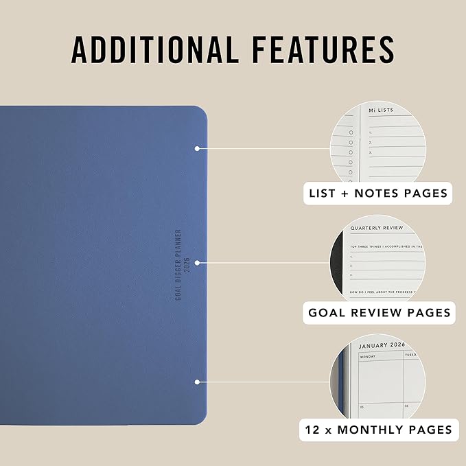 MI GOALS Goal Digger Daily Planner 2026 | Dated Journal for Gratitude, Progress & Habit Tracking | Day-To-A-Page B5 (Element Blue)