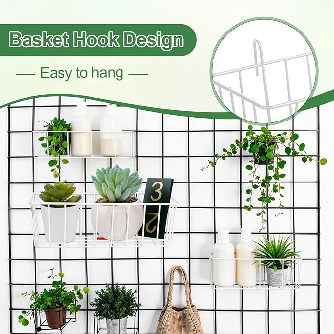 10Pcs Grid Panel Hanging Wire Basket Metal Grid Wall Basket No Drilling Wall Storage Baskets for Kitchen, Home Decor Supplies, Potted Plants, White