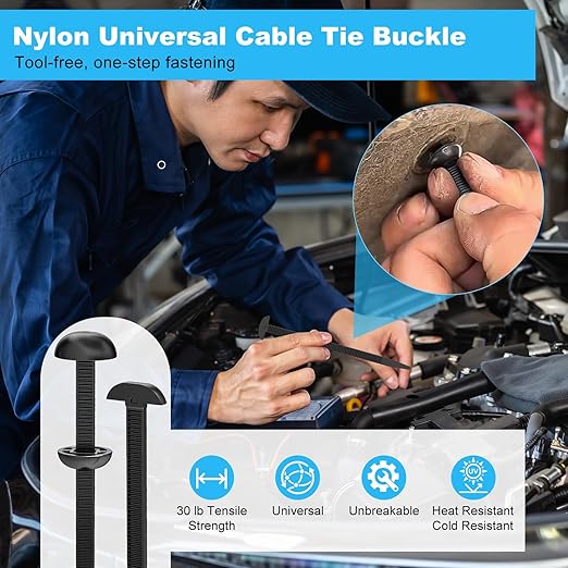 150Pcs Nylon Universal Cable Tie Buckle for Car, Upgraded Automotive Zipper Clips, Heavy Duty Self-Locking Zip Ties Holder with Pin & Button, Top Movable Dome Design