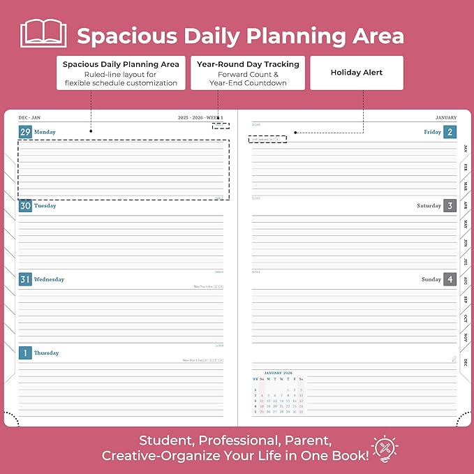 IN-LUXPRO Weekly Monthly 2026 Planner (Jan.26-Dec.26),8.5"x6.5",12 Months Agenda Plan with Month Tabs & Pocket,Expenses/Note Pages, Appointment Book Calendar with Vegan Leather Cover,Rose Red