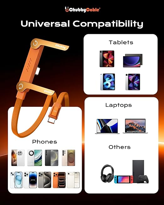 chubbycable StandLite 240W Braided Fast Charge Cable with Built-in Phone Stand T-Shaped Foldable Durable USB-C Cord 90 Degree USB C Cable Right Angle Multi-Functional Charger Cord, Orange, 4.9FT