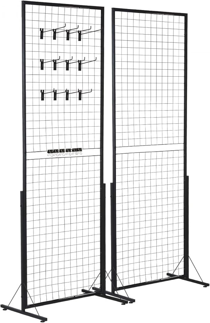 2 Packs Grid Wall Panels Tower 2' x 5.6' Double Side Wire Gridwall Display Racks with T-Base for Craft Shows Retail Home Decor - Portable Folding 60lbs Capacity Easy Setup Includes Extra Clips Hooks