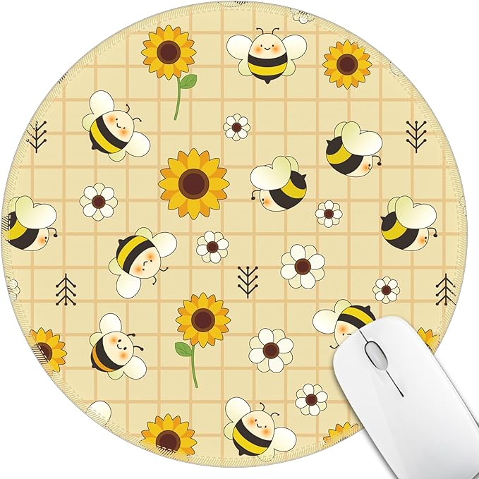 Mouse Pad for Desk, Sunflower Floral Bee Small Cute Mousepad with Non-Slip Base, Round Mouse Pads for Wireless Mouse Laptop Gaming, Computer Mouse Mat for Home Office Travel Desk Accessories
