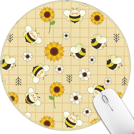 Mouse Pad for Desk, Sunflower Floral Bee Small Cute Mousepad with Non-Slip Base, Round Mouse Pads for Wireless Mouse Laptop Gaming, Computer Mouse Mat for Home Office Travel Desk Accessories