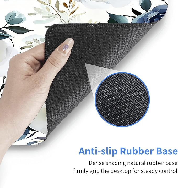 Blue Floral Mouse Pad 31.5x11.8 Inch, Large White Peony Flowers Desk Mat with Non-Slip Base, Micro-Woven Fabric, Stitched Edges for Office Computer