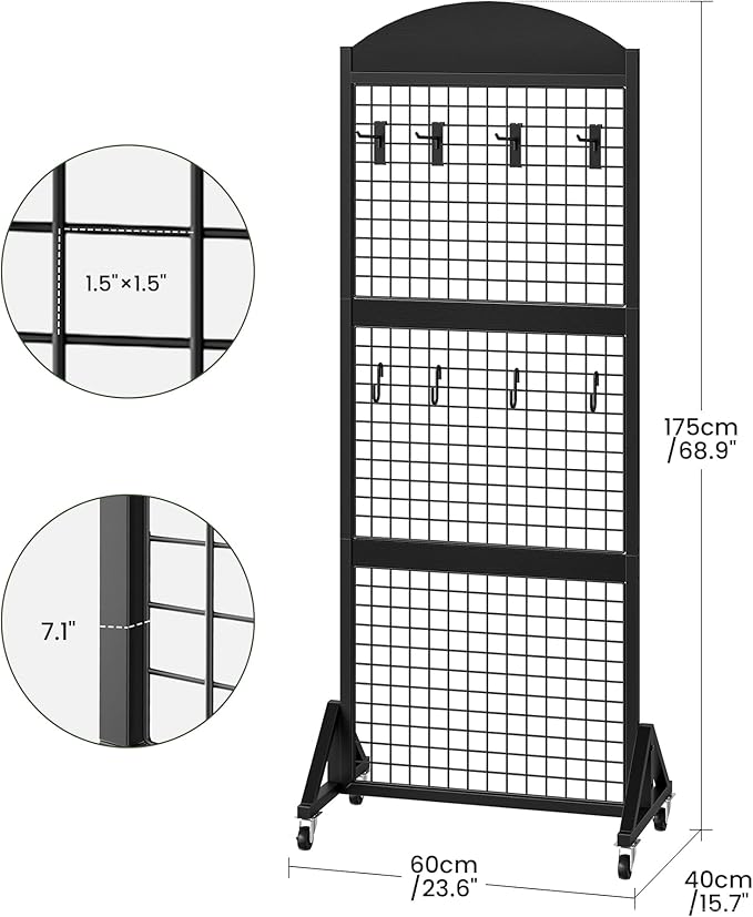 Grid Wall Panel 5.7’ x 2’ FT Grid Display Rack, Movable Gridwall Display Stand with Wheels, Sturdy Floorstanding Wire Grid Rack with 4 S-Shaped Hooks and 4 Garment Hooks, Black TCJ17BB