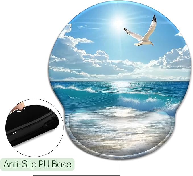Beach Ocean Wave Mouse Pad with Wrist Rest, Ergonomic Mouse Pad Wrist Support with Non-Slip Pain Relief PU Base, Funny Computer Mousepad, Cute Office Supplies Home Desk Accessories Decor