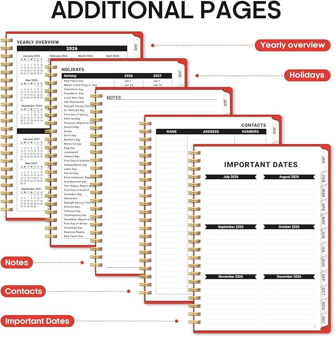 2026 Planner, Weekly and Monthly Calender Planner, Jan 2026 to Dec 2026, Hardcover 2026 Calendar Book with Tabs & Inner Pocket, Office Home School Supplies for Women & Men - A4 (8.5" x 11"), Tomato Red