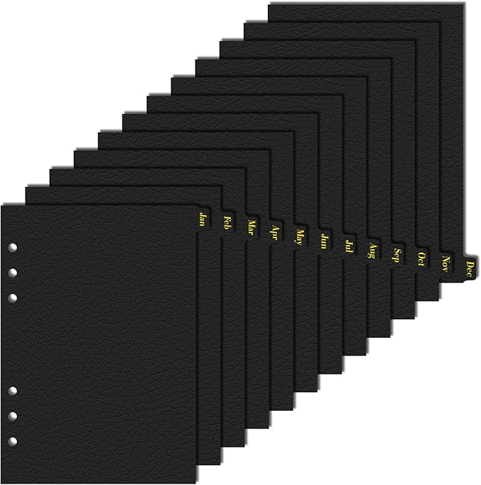 Leather Textured A5 Paper Card Dividers 6 Holes 12 Month Index Page Tab Divider for Travel Diary Binder Notebooks Journal Plan (12 Monthly Tabs)