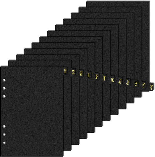 Leather Textured A5 Paper Card Dividers 6 Holes 12 Month Index Page Tab Divider for Travel Diary Binder Notebooks Journal Plan (12 Monthly Tabs)
