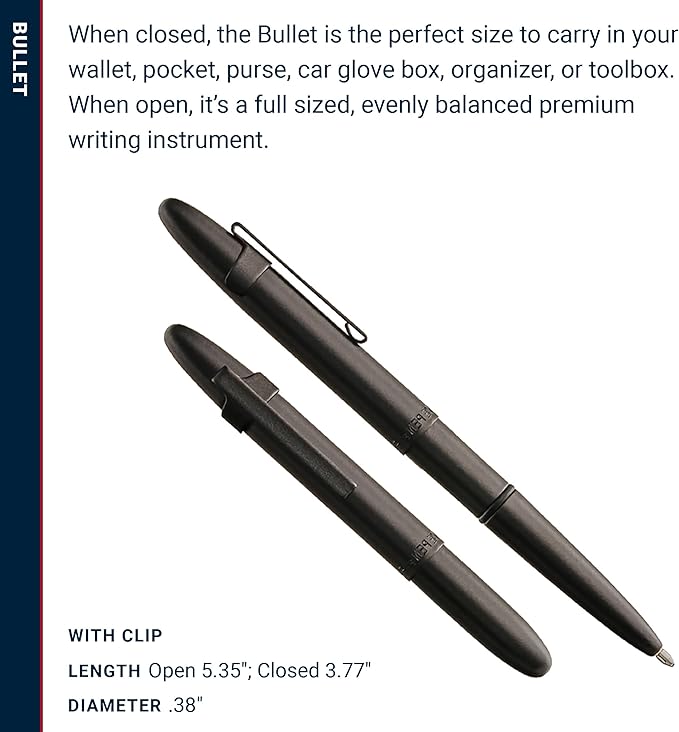 Fisher Space Pen Bullet Space Pen, Matte Black Pressurized Ballpoint Pen, Compact Size, Writes Upside Down, Extreme Temperatures, Smooth Black Ink, Medium Point, Pocket Clip, Gift Box, Made in the USA