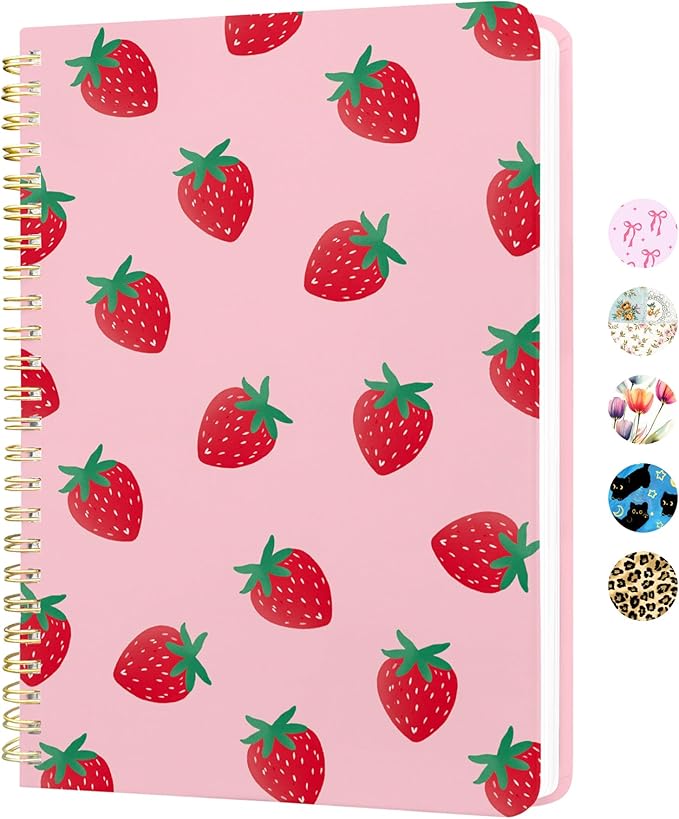 Stanoha Cute Spiral Notebook A5 Journal for Women Girls Kawaii Aesthetic Pretty Floral Design with Pocket, 8.5 x 5.7 inch, Line, Strawberry