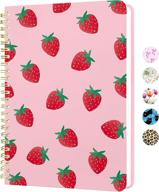 Stanoha Cute Spiral Notebook A5 Journal for Women Girls Kawaii Aesthetic Pretty Floral Design with Pocket, 8.5 x 5.7 inch, Graph, Strawberry