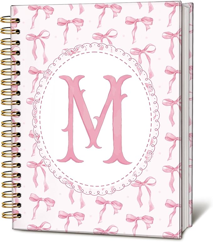 LIANGW Pink Bow Journal Notebook for Teen Girls,Initial M Journals Personalized Diary Gifts for Teen Girl Kids, Monogrammed Gifts for Women, Coquette Cute Hardcover Spiral Notebook 5.5 x 8.3