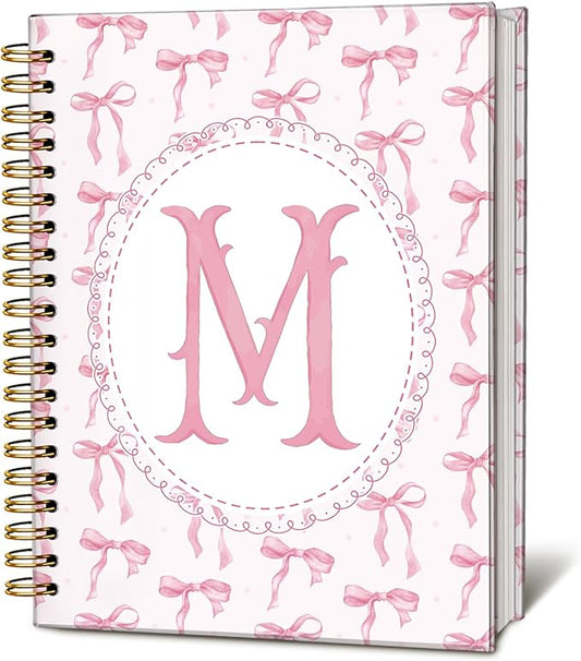 LIANGW Pink Bow Journal Notebook for Teen Girls,Initial M Journals Personalized Diary Gifts for Teen Girl Kids, Monogrammed Gifts for Women, Coquette Cute Hardcover Spiral Notebook 5.5 x 8.3