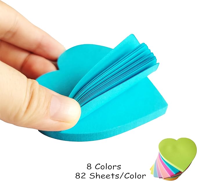 Heart Sticky Notes Cute 3x3 Inches (8 Pads/Total 656 Sheets), Heart Shaped Sticky Notes with 8 Bright Colors, Easy to Post, Strong Adhesive, Clean Removal for Home, Office