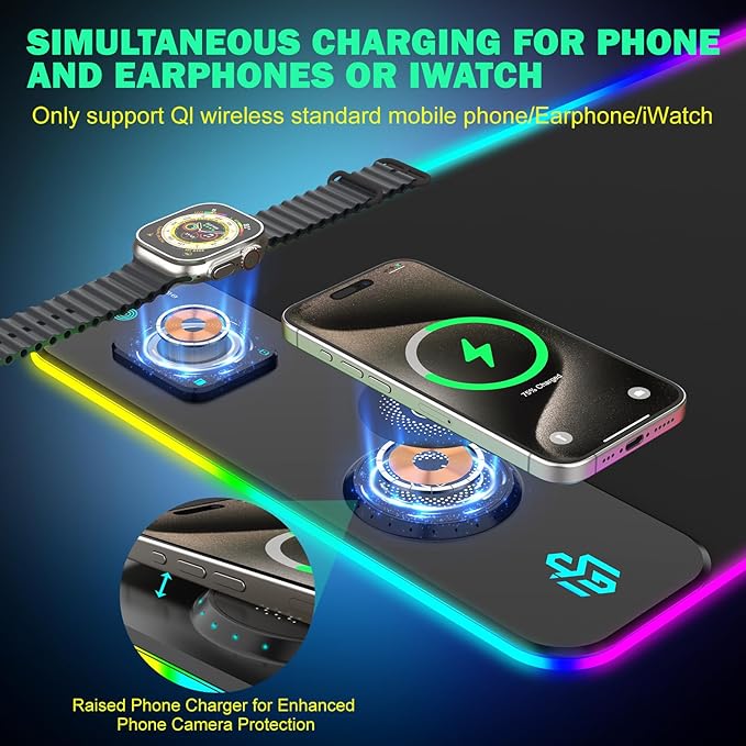 GIM RGB Gaming Mouse Pad with Simultaneous Charging for Phone & iWatch, LED Mouse Mat 800x300x4MM, 14 Light Modes, Non-Slip Rubber Base, Computer Keyboard Mat for Gaming, 20W PD Adapter Included