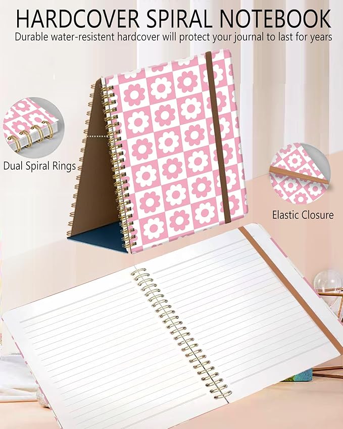 Spiral Journal Notebook, A5 Cute Notebooks for Women Men, College Ruled Hardcover Notebook for Work & Note Taking, 60 Pages Double-Wire Journals for Writing, Cute Pink Plaid Daisy