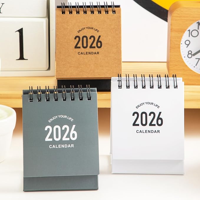 Mini Desk Calendar 2026-2027 - Use January 2026 to June 2027, Small Desktop Calendar Thick Paper Twin-Wire Binding with Stickers for Home Office School (Mini Grey)
