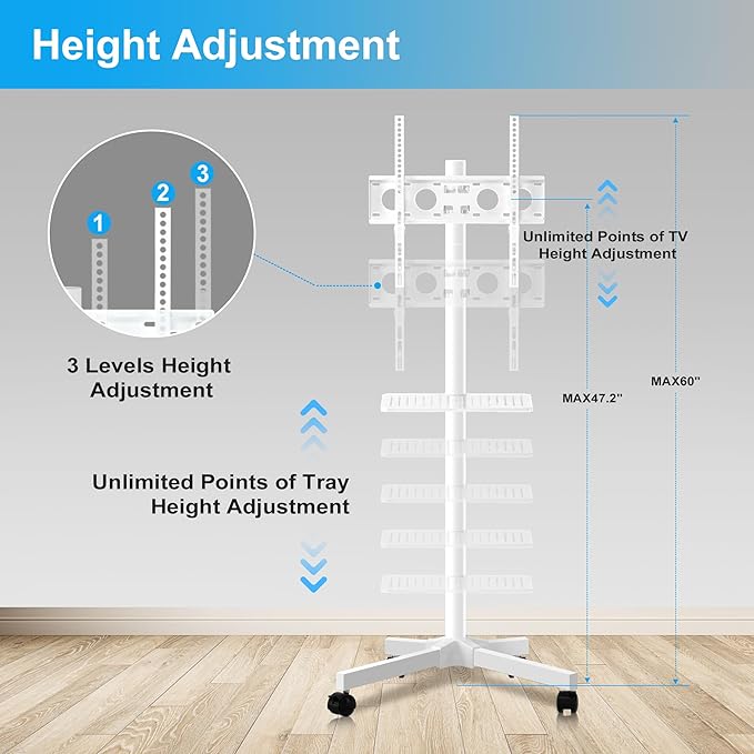 Mobile TV Carts on Wheels for 21-60 Inch Flat/Curved Panel Screens TVs - Height Adjustable Floor Trolley Stand with Shelf Holds up to 77lbs - Max VESA 400x400mm, White