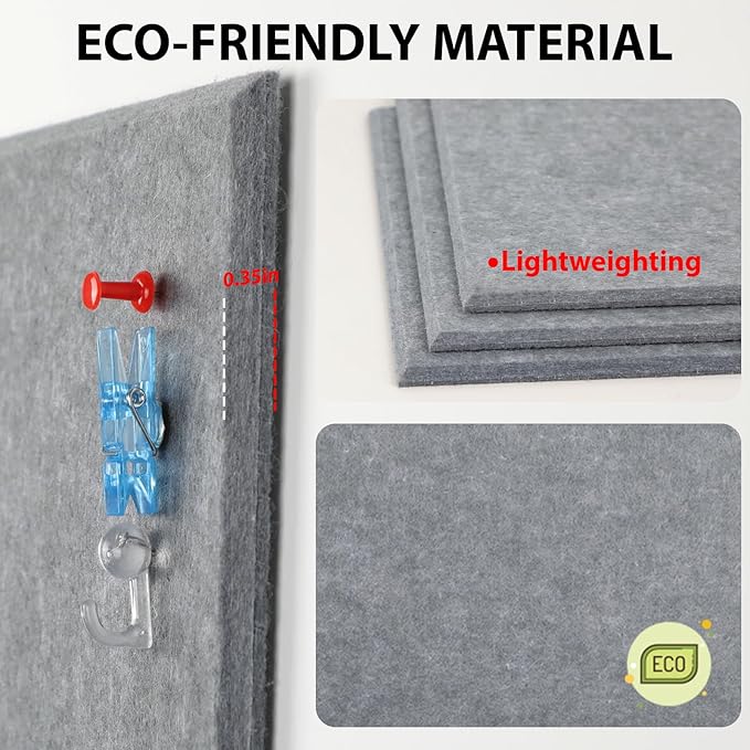 Large Cork Board for Walls 48"x36",12 Pack Felt Wall Tiles with 60 Pushpins,50 Safe Removable Adhesive Tabs,10 Hooks and Clips, Felt Bulletin Board Pin Board Tack Board for Office -Silver Gray