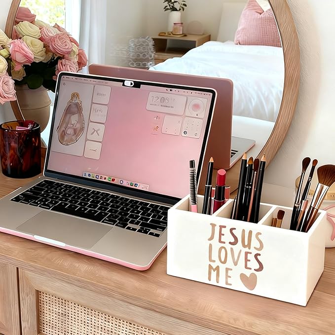 Boho Christian Inspirational Pen Holder, Christian Gifts Pencil Holder for Desk, Jesus Loves Me Bible Verse Wooden Box Sign Decorations for Kids Nursery Room Bedroom Classroom Desk Tabletop