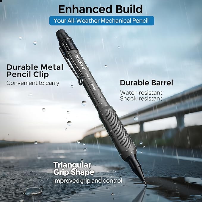 Nicpro 3 Pack Weatherproof Mechanical Pencil Set, 1.3mm Mechanical Pencils, Heavy Duty Lead Pencil for Outdoor All Weather Marking Drafting Drawing with 48 Lead Refills, Erasers, Case (Black, HD1000)