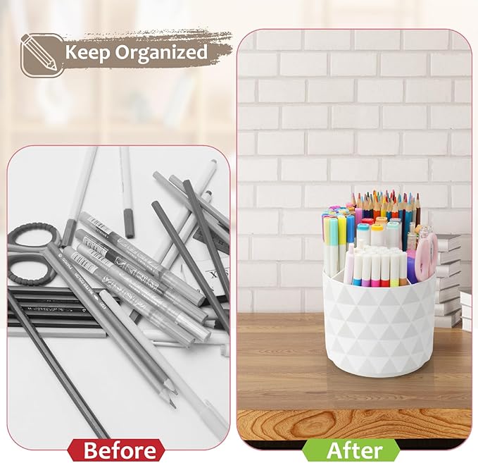 Desk Organizer, 360-Degree Rotating Pencil Pen Holders For Desk, Diamond Pattern Pen Organizer With 5 Compartments, Cute Desk Accessories Decor For Office, School,Home,Art Supply (Pink)