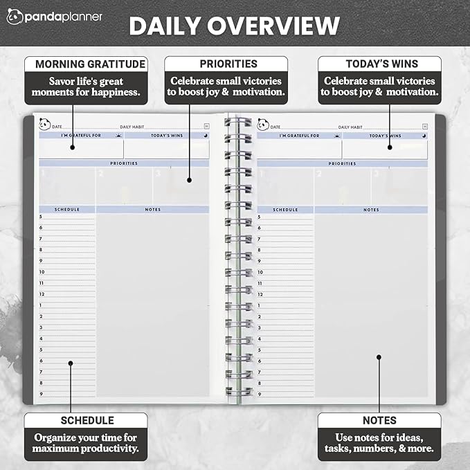 Panda Planner 2026 Undated Daily Planner 5.75" x 8.25" – 90-Day Spiral Academic & Productivity Planner with Hourly Schedule, Habit Tracker, To-Do List & Monthly Calendar – ADHD-Friendly Panda Journal (Gray)