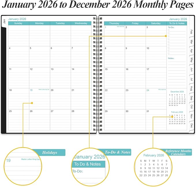 Daily Planner 2026 Full Page Per Day- 2026 Daily & Monthly Planner from January 2026 to December 2026, Day Planner 2026 with 12 Months Tabs, 8.5" x 11", Black