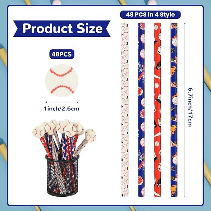 48 Pcs Baseball Pencils and Erasers for Birthday Gifts Baseball Favors Assortment Stationery Pencils for Office School Supplies Classroom Rewards.