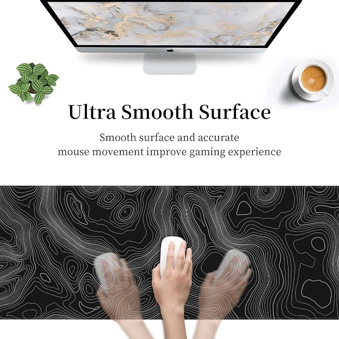 Topography Map Lines Contour Geographic Black XXL XL Large Gaming Mouse Pad for Desk, Non-Slip Long Extended Keyboard Pads Mousepad Rubber Table Mat 31.5 X 11.8 Inch