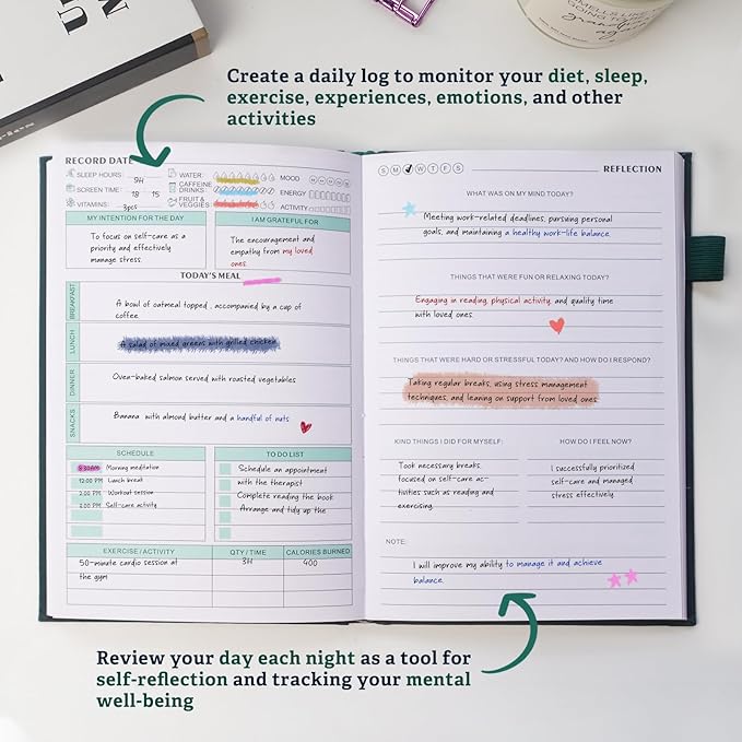 Mental Health Journal for Women and Men - Anxiety & Guided Journal with Mood & Habit Tracker - Take 5 Minuets Everyday - 91 Days Self Care Journal with Prompts, Green